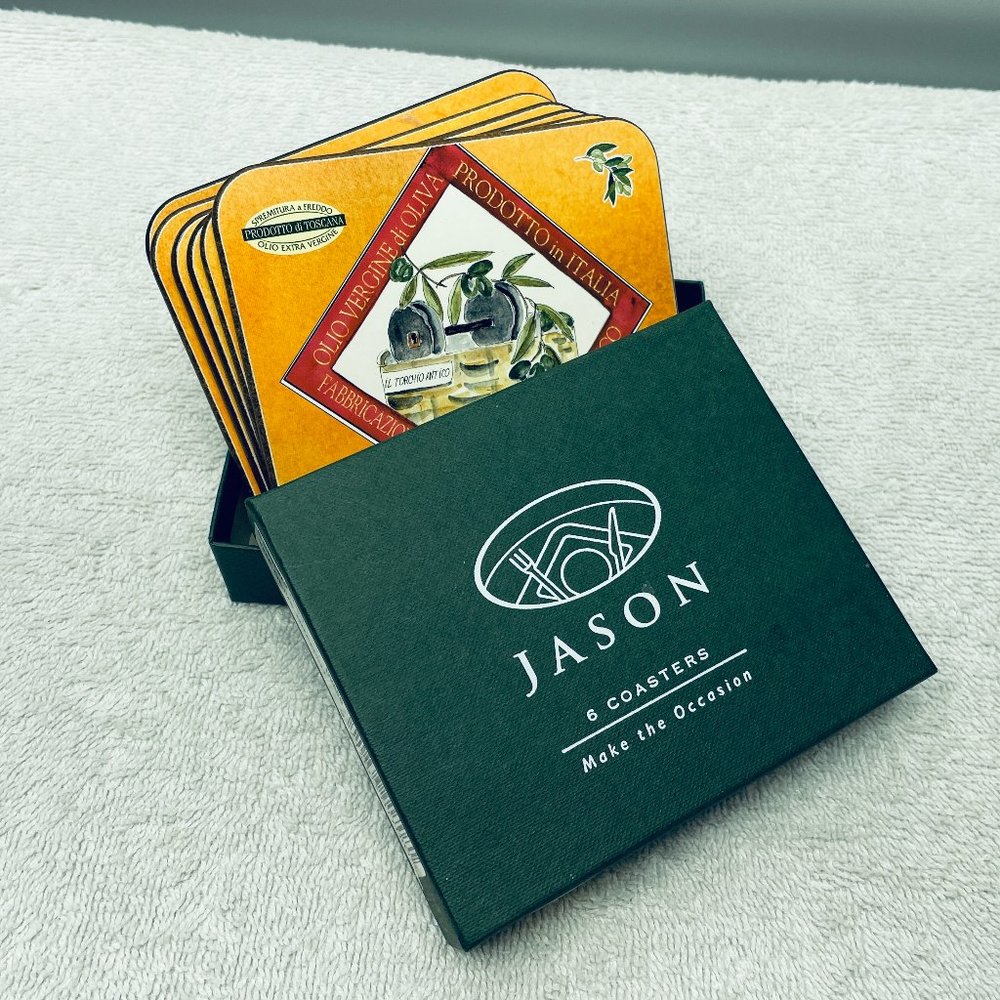 NWT S/6 Coasters, Jason Brand - New Zealand, "The Olive Branch," 4 3/8" x 3 5/8"